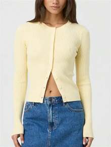 Women's Autumn Sweater Cardigan Solid Color Long Sleeve Round Neck Button Up Ribbed Knitwear - Yellow - View 1