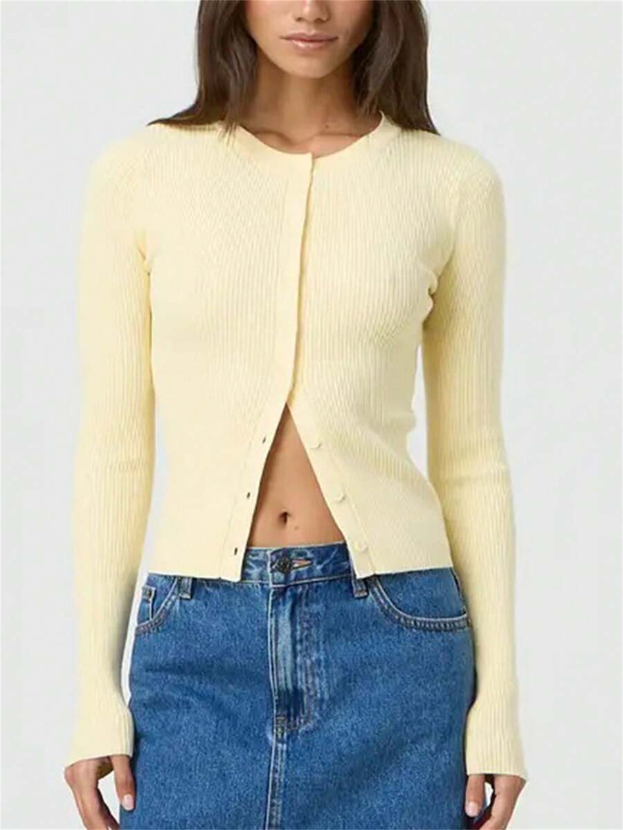 Women's Autumn Sweater Cardigan Solid Color Long Sleeve Round Neck Button Up Ribbed Knitwear - Yellow - View 1