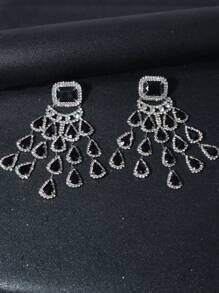 1 par de brincos pendurados com borla em forma de gota d'água de cristal preto, decoração elegante para maquiagem/festa