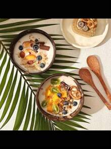 1pc Natural Coconut Bowl And Wooden Spoon Set, Healthy Vegetarian Salad Bowl, Milkshake Bowl, Naturally Beautiful And Heat-Resistant - Suitable For Rice, Soup, Noodles, Kitchen And Dining Utensils, Tableware Accessories, Handmade Coconut Shell Bowl With Wooden Spoon Set, Cork Material, Very Suitable For Salad, Fruits And Grains, Coconut Bowl