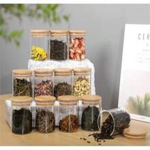 1 pieza/1 set 12 frascos de almacenamiento de alimentos de vidrio con tapa de bambú hermética, recipiente transparente portátil para té, granos de café, azúcar, dulces, galletas, especias, utensilios de cocina