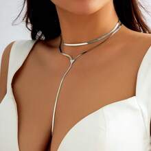 V-Shaped Layered Tassel Necklace, Minimalist Design, Long Length - Silver - View 4