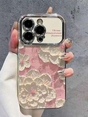 غطاء هاتف مطلي كهربائيًا 1 قطعة لطرازات 11 12 13 14 برو ماكس 15 16 17 برو ماكس، نافذة كبيرة فضية - قاعدة وردية بتصميم زهور الشمع