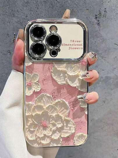 1pc 11 12 13 14 Pro Max 15 16 17 Pro Max Electroplated Phone Case, Silver Big Window - Pink Base Crayon Flower Design