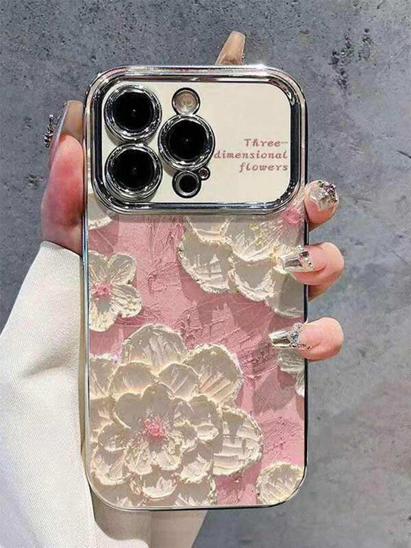 1 pièce Coque PAOMAX avec grande fenêtre pour iPhone 11, 12, 13, 14 Pro Max, couleur argent avec motif floral crayon rose