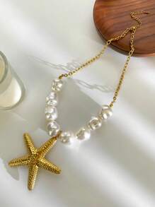 Colar com pingente de estrela do mar e folha de lótus, exclusivo, assimétrico, de aço inoxidável, inspirado no Barroco, para mulheres