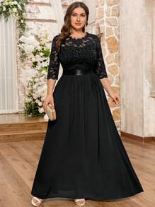 MIUSOL Plus Floral Lace Bodice Flare Hem Evening Party Maxi Formal Dress Black Elegant Prom Wedding Guest Gown, For Graduation, Dinner