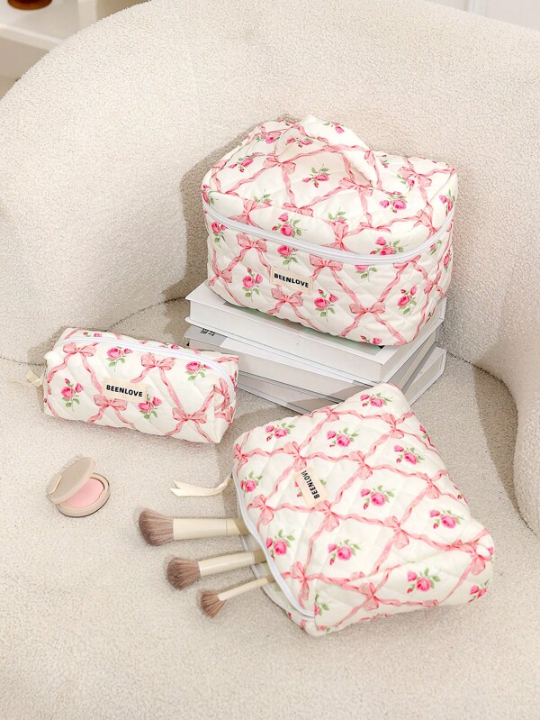 Dainty Floral Makeup Pouch-Portable Cosmetic Bag For Essentials,Cute Gift For Teacher, Girl, Minimalist Large Capacity Make Up Organizer For College Dorm