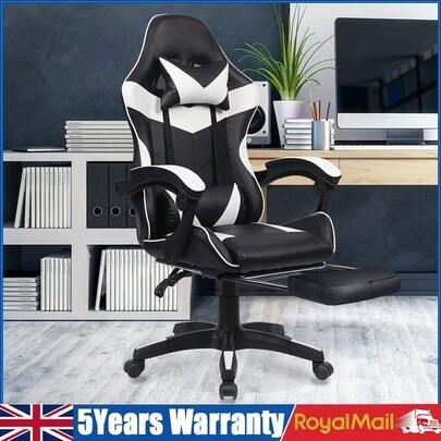 OYAJIA Gaming Chair Office Chair Swivel Chair Computer Chair Work Chair Desk Chair Ergonomic Chair Racing Chair Leather Chair Video Game Chairs With Massage Lumbar Cushion(Black & White,With Footrest)