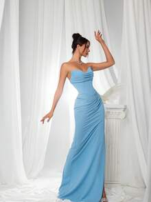 VIPSIRL Blue Strapless Slit Elegant Women's Evening Gown Dress - Blue - View 4