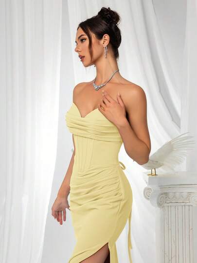VIPGIRL Elegant Bridesmaid Dress: Strapless Fitted Satin Dress, Paired With Waist-Cinching Top And Draped Waistline - Minimalist Luxurious Formal Evening Gown, Suitable For Wedding Guest Attire Spring