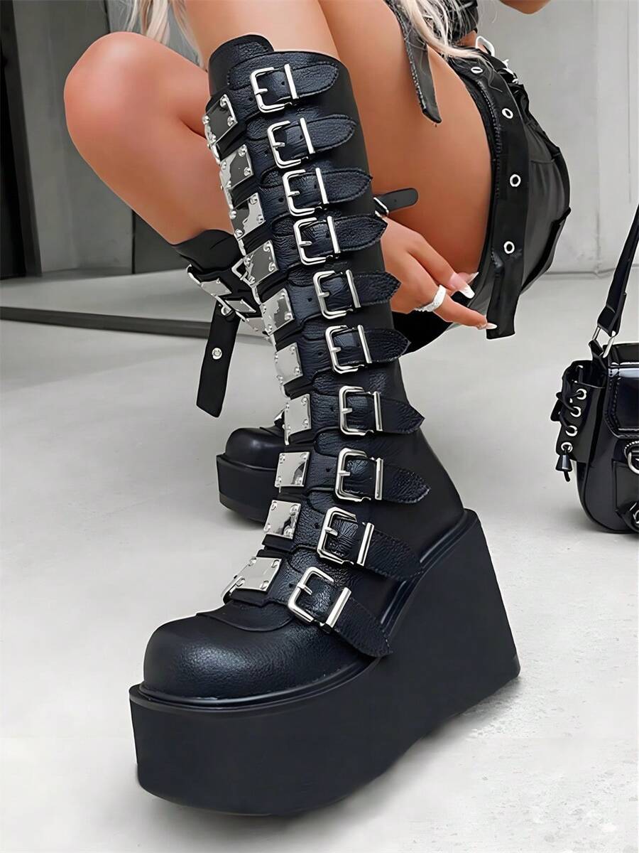 Y2k Women Platform Boots Wedges High Heels Gothic Punk Motorcycle Combat Knee High Boots Buckle Decor Shoes - 黑色 - 查看 1