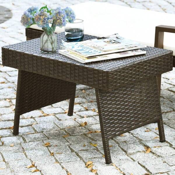 Wicker Table Patio Outdoor Poolside Garden Lawn Bistro Foldable Portable Leisure Standing Coffee Side Table, Espresso Brown