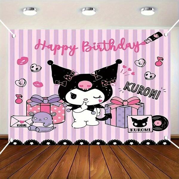 Sanrio 1 pieza Lienzo decorativo de fondo para fiesta de cumpleaños con diseño de Hello Kitty y Kuromi de Sanrio, de fibra de poliéster, fondo rosa, adecuado para fiesta de cumpleaños o revelación de género, de 150 * 100cm