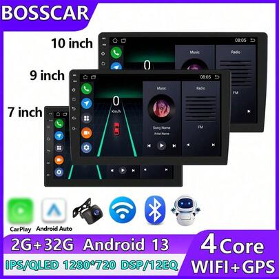BOSSCAR Rádio Estéreo Automotivo Android 13 de 7/9/10 Polegadas com Tela IPS, Sem Fio, Android Auto/CarPlay, Reprodutor Multimídia Universal para Carro