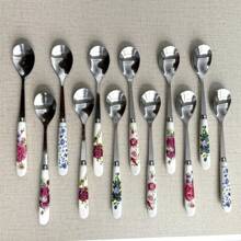 12PCS/Set Elegant Tableware, Ceramic Handle Floral Design, Including Ice Cream Spoon, Fruit Salad Fork, Stainless Steel Coffee Spoon, Dessert Spoon, Dessert Fork, Mixing Spoon, Tea Spoon, Seasoning Spoon, Honey Spoon, Suitable For Family Gathering & Afternoon Tea
