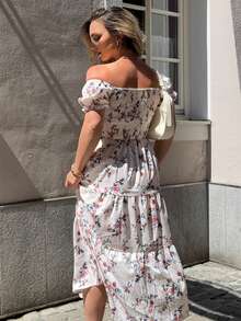 Jeta Ari Vestido con cuello cuadrado, mangas cortas y bajo fruncido con estampado floral menudo, adecuado para uso casual, trabajo, viajes, playa, estilo bohemio, western, festivales de música y campo - Multicolor - Ver 4