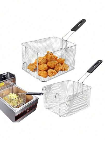 1 pieza Cesta de freír de acero inoxidable, filtro de malla, formas cuadrada y redonda, multiusos, asa plegable para almacenamiento fácil, adecuada para uso doméstico y hotelero, apta para freír papas fritas, nuggets de pollo