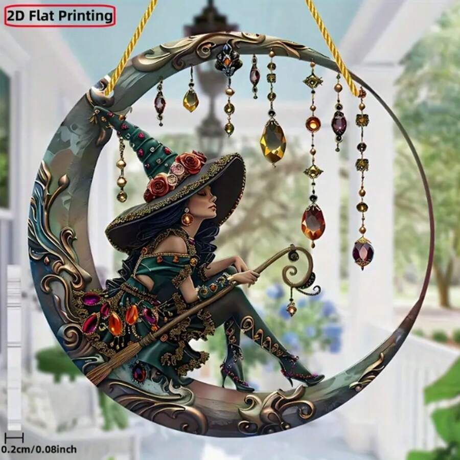 1 pezzo Ciondolo a forma di cappello da strega con luna in cristallo acrilico, decorazione per finestra in vetro colorato, opera d'arte da appendere alla parete, adatto per cortile, giardino, camera da letto, decorazione domestica, Ognissanti, feste, regalo di inaugurazione casa, 2D - Corda multicolore-oro - Visualizzare 1