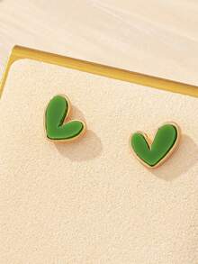 1 Pair Heart-Shaped Earrings, Suitable For Daily Wear - Green - View 2