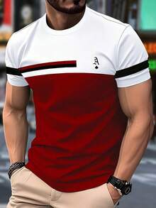 Men's Contrast Color Short Sleeve T-Shirt, Comfortable & Breathable, Design Suitable For Summer Wear - Red - View 3