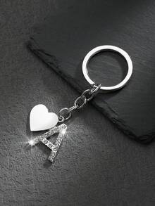 1pc Heart Shaped English Letter Keychain Pendant Accessory, Minimalist & Personalized Style With Transparent Rhinestone Inlay, Suitable For Men, Women, Couples, Car Keys, Bags And Gifts - Silver - View 6