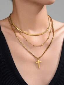 Set de 3 collares de mujer con colgante de cruz multicapa de moda, collar de cadena con cuentas de color dorado