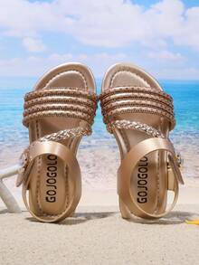 A Pair Of Shiny Girls' Summer Fashionable Girls' Flat Slippers, Fairy Style, Girls' Favorite, Suitable For School, Beach, Home, Various Venues To Wear, The Best Choice For Taking Photos - Bronze - View 1