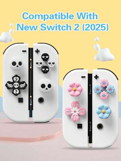 1pc Lovely Floral & Skull Directional Buttons & ABXY Button Caps For 2 / NS / OLED, New Switch 2 (2025) Accessories, Joycon Joystick Cap Set