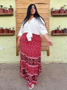 Truni Plus Size Holiday And Leisure Printed Splicing Long Skirt For New Year Clothes Maxi Women Outfit