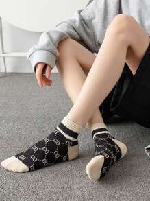 5 Pairs Women Short Socks With Striped Letter Pattern, Multi-Color, Simple, Contrasting Color, Sporty, Fashion, Versatile, Spring/Summer