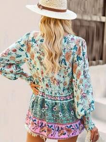 Plus Women's Printed Lace Up Button V-Neck Ruffle Patchwork Shirt Spring - Light Green - View 4