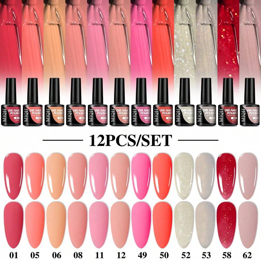 MIQH 2025 Fashion Gel Nail Polish Set 12 Colors Pink White Red Soak Off UV LED Lamp Compatible Long Lasting Comfortable Shades Surprise Gift For Girlfriend Mother Daughter Buy 6 Get 6 Pink Nude Orange Glitter Manicure - 彩色 - 查看 1