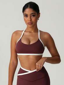 Áo ngực thể thao chống sốc có đệm nâng ngực màu tương phản dành cho nữ dùng khi chạy bộ, tập yoga, thể dục ngoài trời - Màu đỏ tím - Xem 6