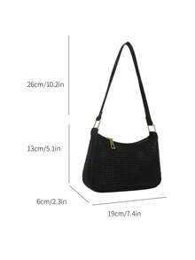 Bolso tipo baguette mini con remaches, bolso de hombro de unicolor, bolso de sobaco, bolso cuadrado apto para compras, billetera, compras, mujeres jóvenes, estudiantes universitarias, principiantes, oficinistas. Apropiado para oficina, universidad, trabajo, negocios, viajes al trabajo, actividades al aire libre, viajes y picnics - Negro - Ver 4