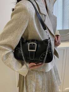 鳄鱼纹压纹皮带扣女士小号单肩包，Y2K Hobo 手提包，90 年代 Y2K 风格手拿包。适合购物、钱包、逛街、年轻女性、大学生、职场新人、白领人士。非常适合办公室、大学、工作、商务、通勤、户外活动、旅行和休闲。 - 黑色 - 查看 5