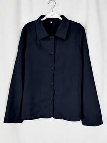 Jessfine Solid Color Collar Linen Blend Navy Blue Casual Jacket, Lightweight And Versatile For Spring/Summer - Navy Blue - View 2