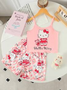 Sanrio Sanrio Girls' Plus Size Hello Kitty Pink Sleepwear Set, 2025 New Summer Cute Spaghetti Strap Ruffle Trim Short Pajama Top & Shorts
