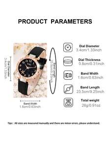 这款女士腕表套装采用时尚的海星表盘设计，搭配阿拉伯数字时标、镶钻表壳和PU皮表带。套装还包含一条配套手链。适合日常佩戴、生日、派对和节日聚会——是送给自己或朋友的完美礼物。 - 黑色 - 查看 5