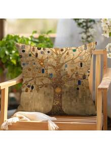 1pc Pillowcase With 2-Sided Gustav Klimt Tree Of Life Design, 18"X18", Bright Polyester Fabric, Machine Washable, Zippered, Hypoallergenic, Suitable For Cozy Bedroom & Living Room Decor (Pillow Insert Not Included)