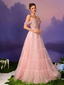 Romantica Elegant Beaded Sequin Mesh Party Dress, Suitable For Banquets, Weddings. Elegant Solid Color Party Sequin & Mesh Splice Beaded Dress, Wedding, Party, Formal Evening Elegant & Sexy, Spring/Summer/Autumn/Winter - Pink - View 1