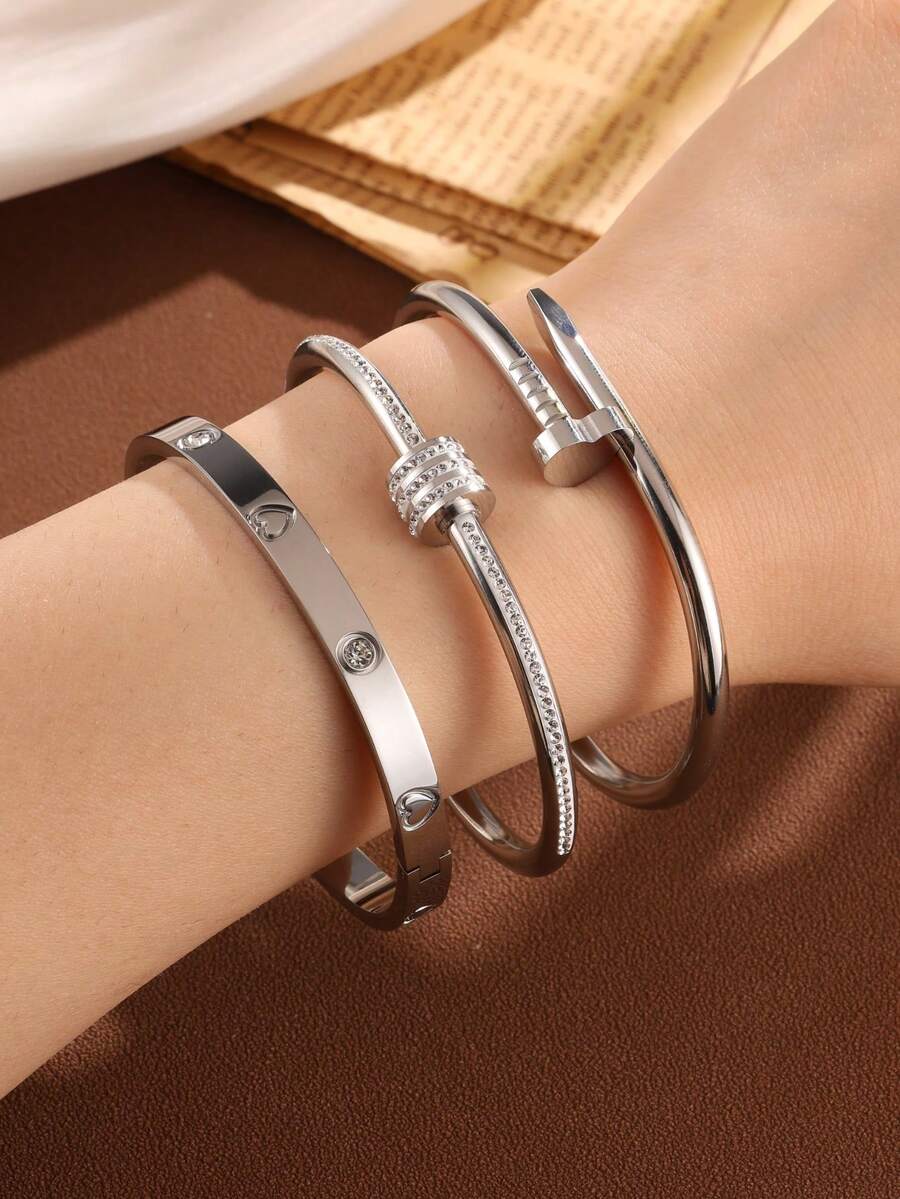 3pcs Stainless Steel Silver Bracelet Set, Rhinestone Heart Design Bracelets, Suitable For Ladies As Festive Gifts, Romantic Symbol, Wear For Banquet & Party - SGS162 - View 1