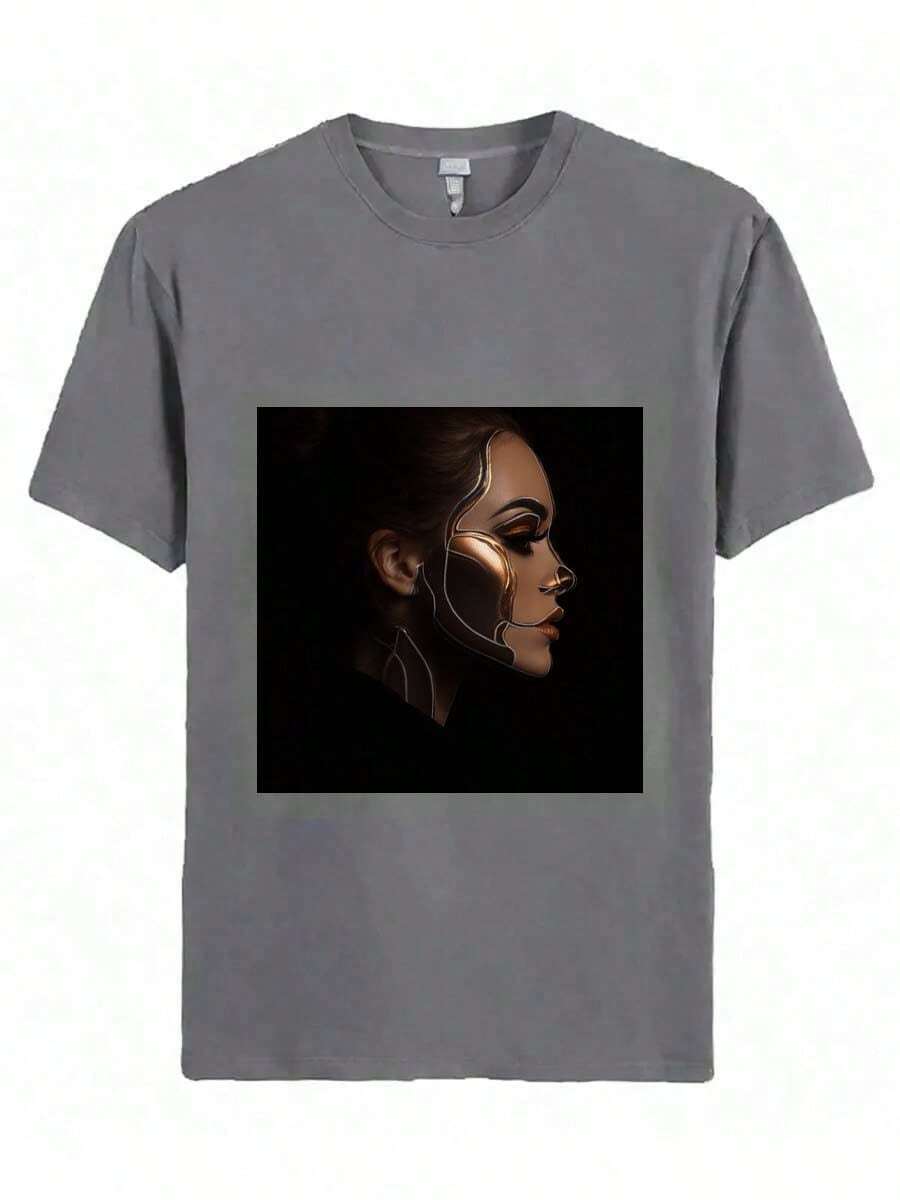 Men's Popular Cotton DIY T-Shirt Ear With An Earring In Darkness. - 灰色 - 查看 1