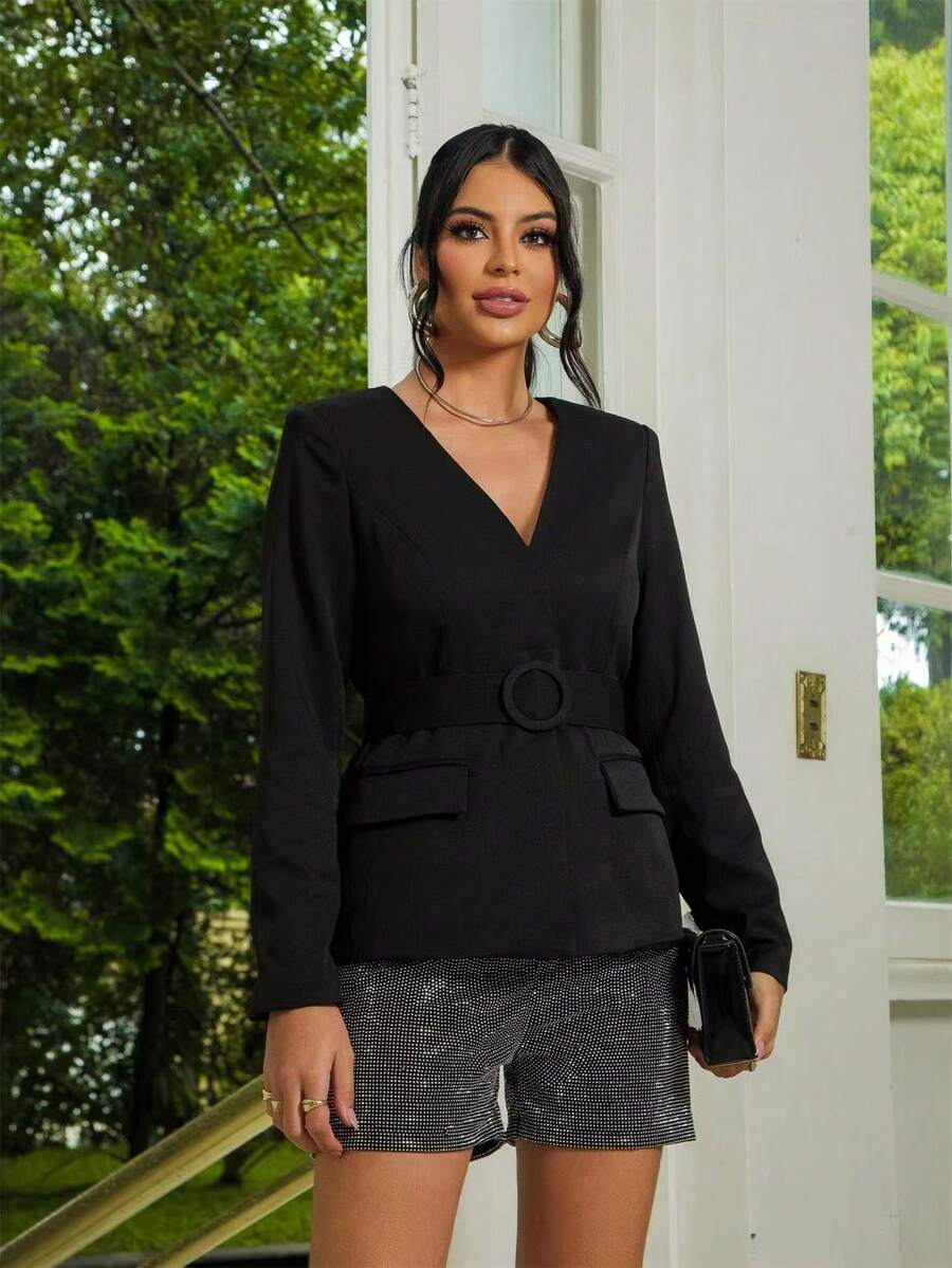 Blazer Feminino slim/ com cinto/ bolsos falsos