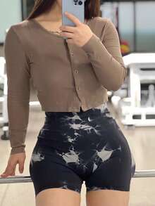 1 件女式无缝扎染提臀高腰运动短裤，粉色瑜伽短裤，弹力吸湿排汗 - 黑色 - 查看 2