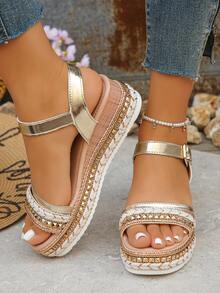 Women's Rivet Decor Strap Wedge Platform Shiny Open Toe High Heel Sandals, Fashion Holiday Style For Summer Daily Wear - Gold - View 6