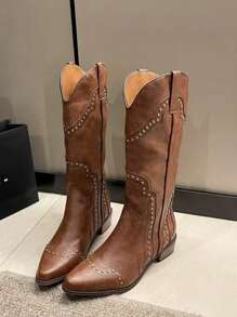 Women's Western Mid-Calf Boots With V-Cut, Riveted Decor, Square Toe, Low Block Heel, Cowgirl Boots,