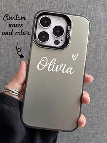 Customized Fashionable Cute Heart-Shaped Letter Signature Design Pink & Apricot Color Mirror Short Phrase Name Phone Case Protective Cover Suitable For IPhone 11 Pro/13 Pro/15 Pro Max, XR, 12, 13, 15, 16 Pro Max - Champagne - View 2