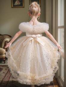 女童优雅高低公主裙，前短后长设计，适合生日派对、学校、演奏会、重要场合、夏季 - 香檳色 - 查看 3