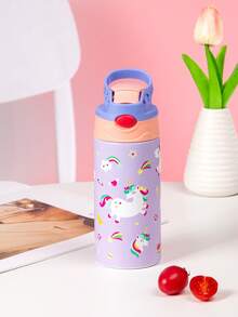 1PC 350ml Cartoon Prints Insulated Water Bottle With Covered Pop-Up Straw, Rainbow Horse&Mermaid Sports Water Bottle With Handle,Tumblers With Leak-Proof Stainless Steel,Four Colors Available,Back To School Supplies - Multicolor - View 14